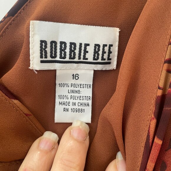 Robbie Bee Maxi Dress Size 16 Woman's Brown Print V-Neck Belted Sleeveless Lined - Picture 6 of 6